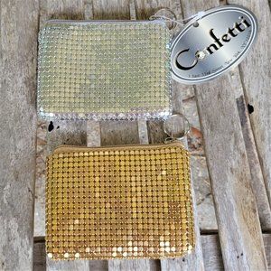 NWT 2 CONFETTI Silver Gold Aluminum Metal Chain Mail Zip Top Coin Wallet